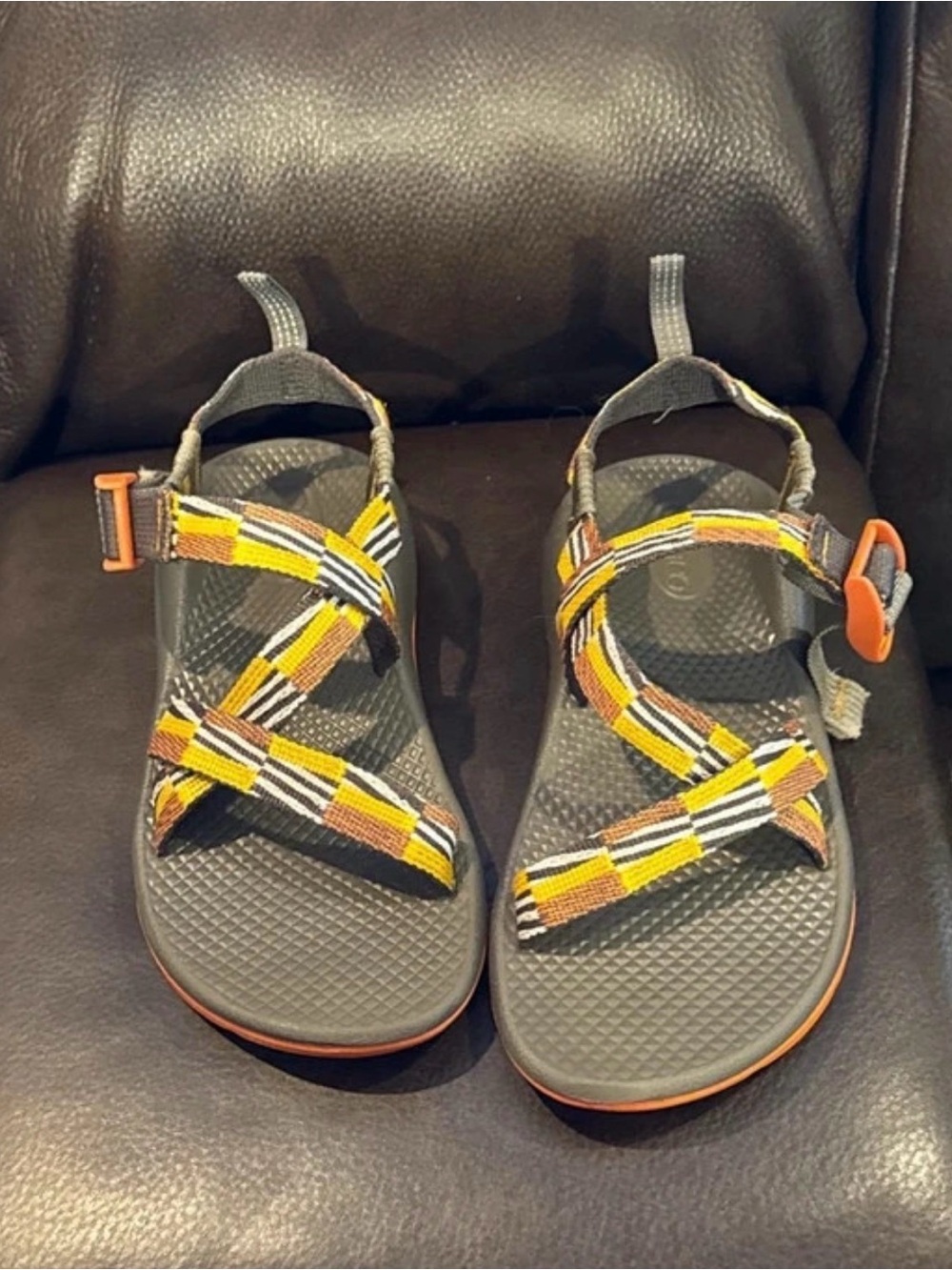 Kids size 3 gray Chaco Sandals with Yellow & Orange Straps